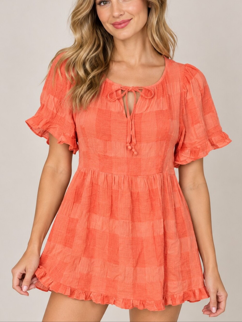 UMGEE Bubble Gum Pink Chenille Check Tie Neck Ruffle Babydoll Blouse Small